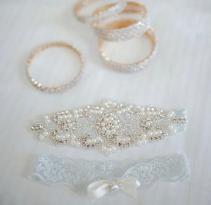 ELISABETH|  Blue Lace Wedding Garters with Crystals and Pearls - Something blue