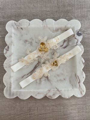 ORCHID |Ivory lace and gold embroidered bridal garter set